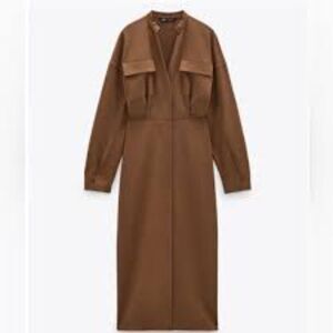 Zara Brown Long Sleeve Button Down Midi Shirt Dress Small